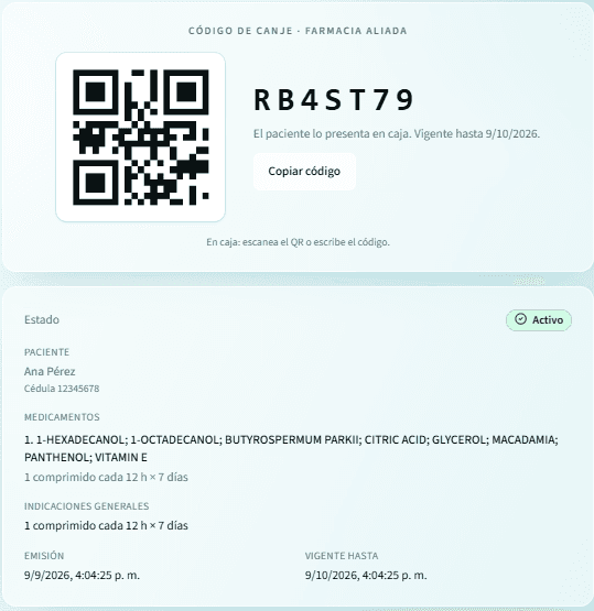 Récipe digital Medyplan con código y QR para presentar en farmacia aliada.